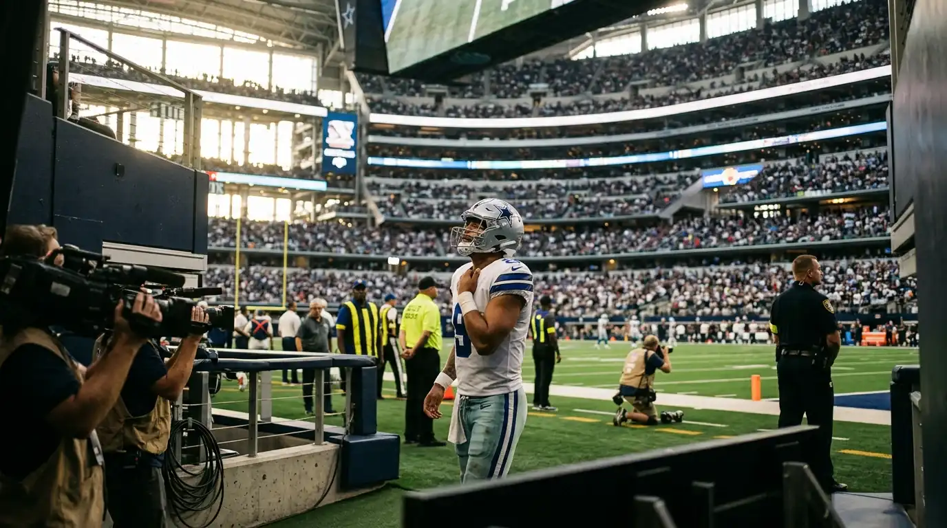 A football player in a Cowboys uniform on a field at night, highlighting the team's role in the NFL's future
