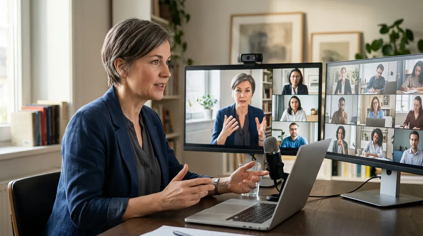 A person types notes during a video conference, enhancing virtual meeting productivity