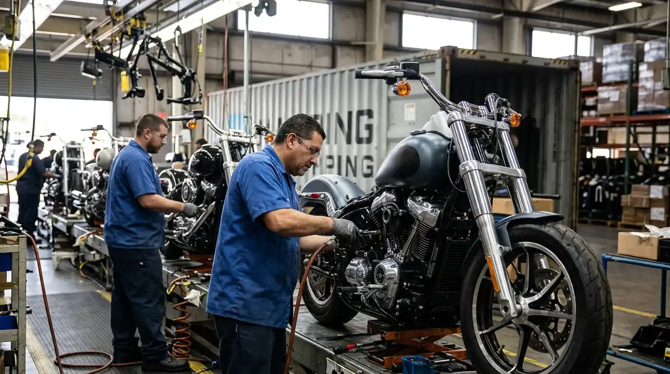 Harley-Davidson motorcycles on a winding road, embodying American heritage and a changing future