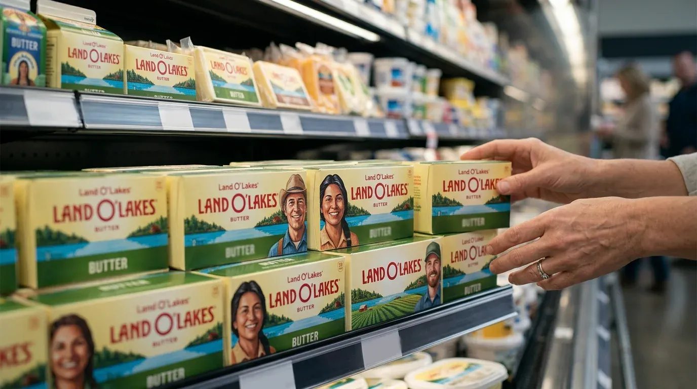 A Land O'Lakes butter package shows the slight rebranding of a popular food product