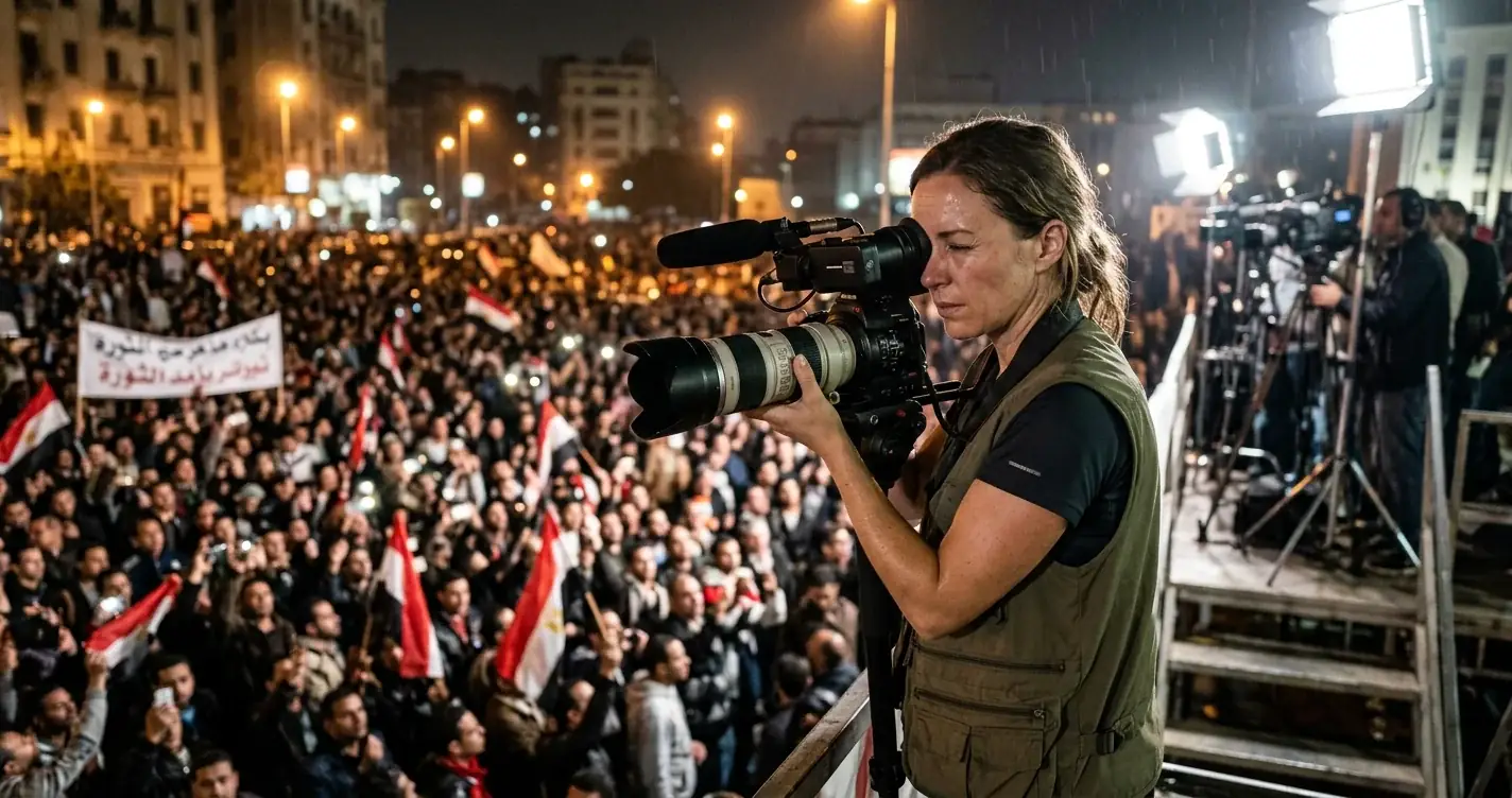 A reporter filming conflict, highlighting media's shifting focus on global events