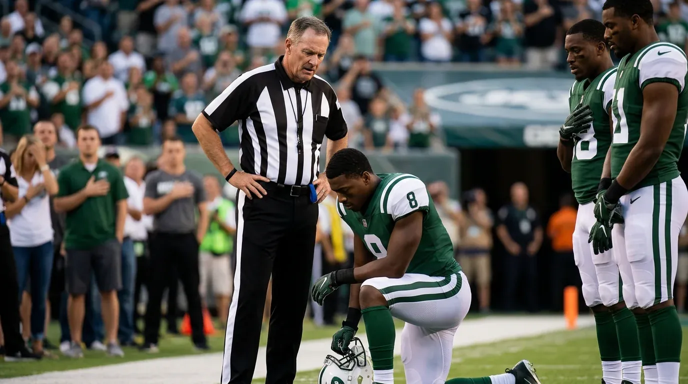 Football player on knee during anthem, showcasing the NFL's confusing protest messages