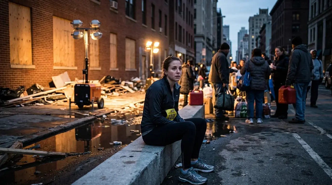 A flooded street in New York City with an American flag, after Hurricane Sandy