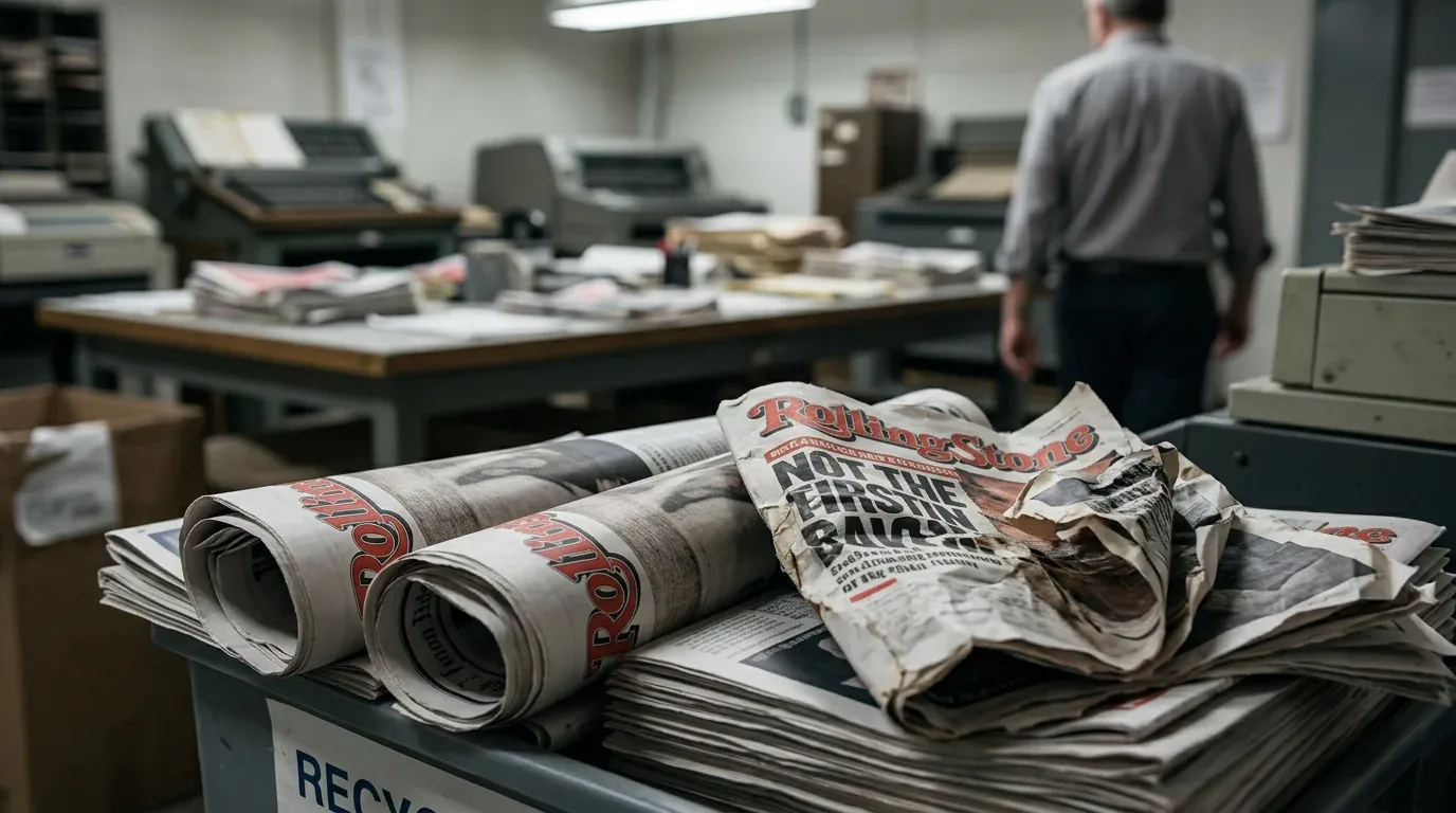 A gavel and blurred legal documents illustrate the Rolling Stone rape story verdict
