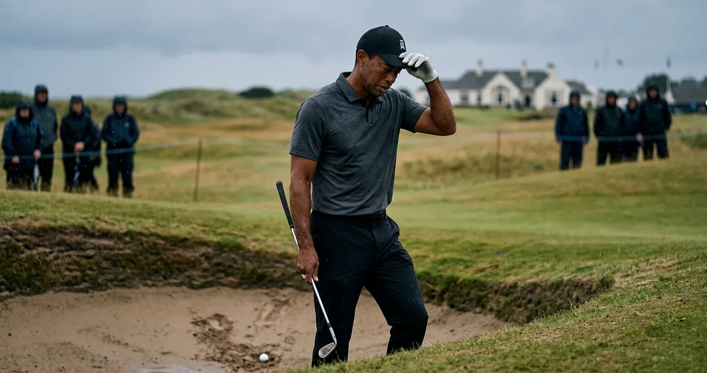 Golf legend Tiger Woods looking off in the distance, contemplating his athletic earnings