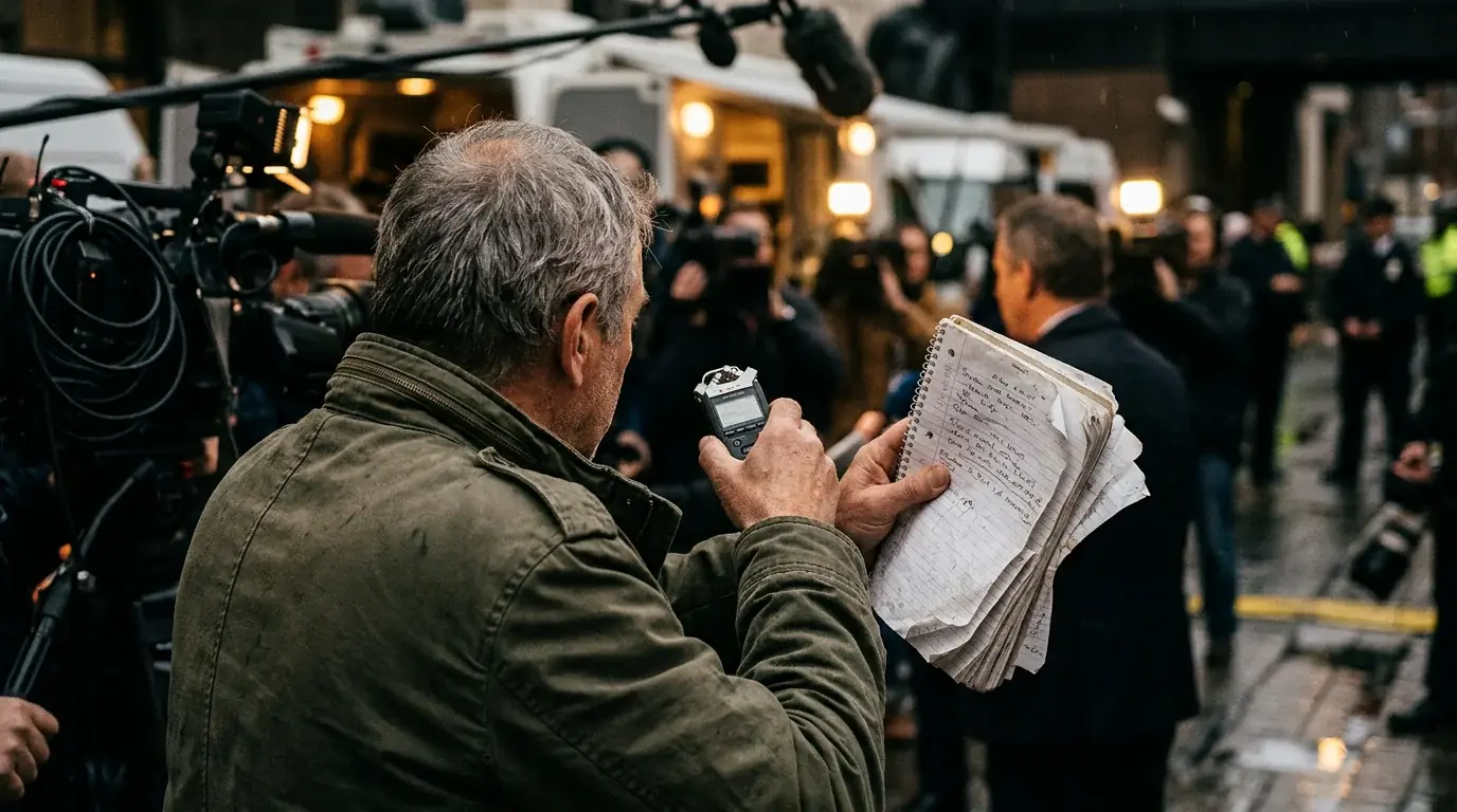 A journalist records a news story, questioning trust in media reporting
