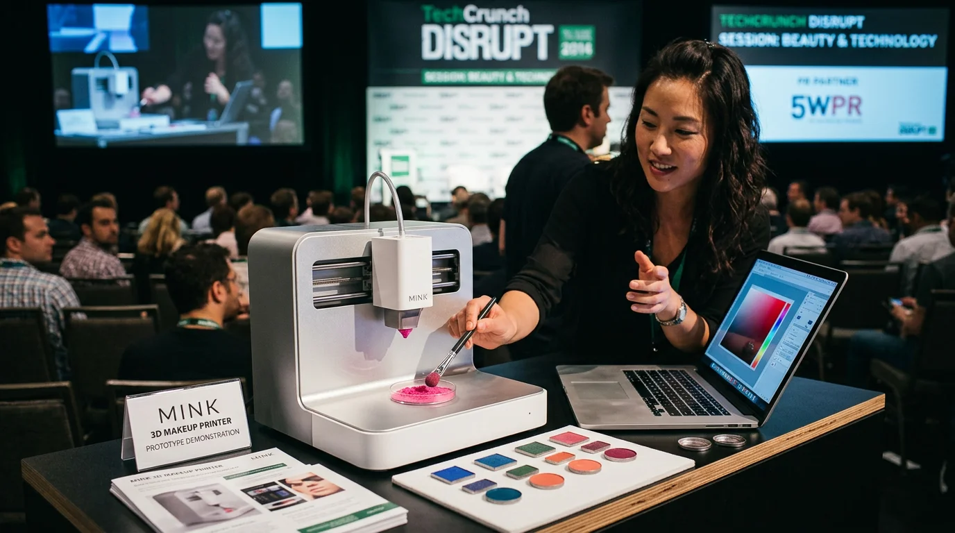 A woman's hand holds a digital makeup palette, hinting at the future of custom cosmetics