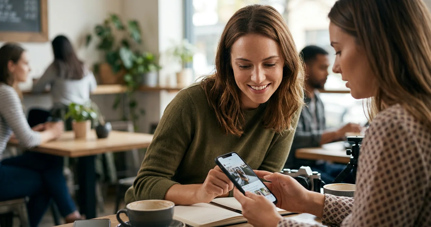 A magnified smartphone screen shows a smiling influencer engaging with a brand and audience