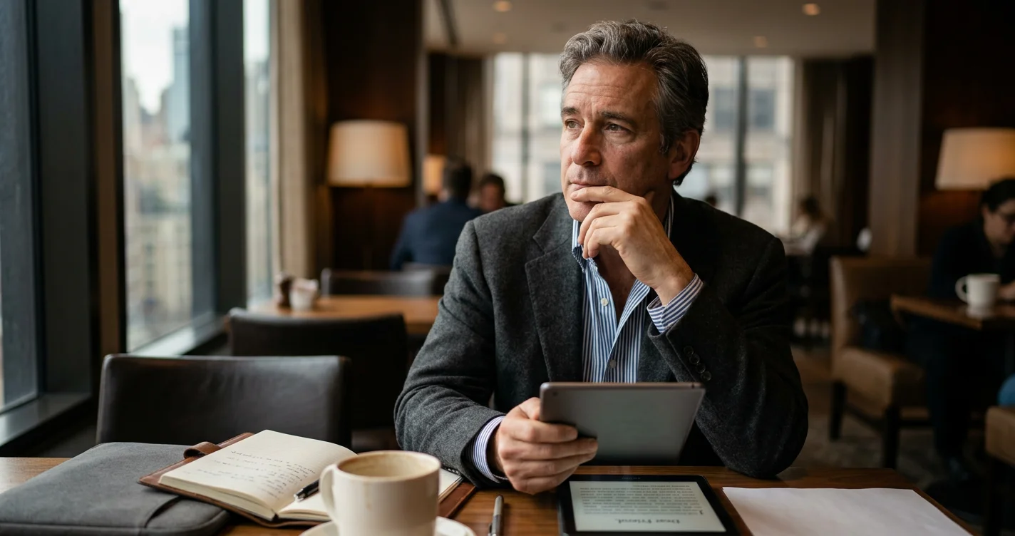 Businessman gazing at city lights, reflecting on an entrepreneur's passionate journey and spirit