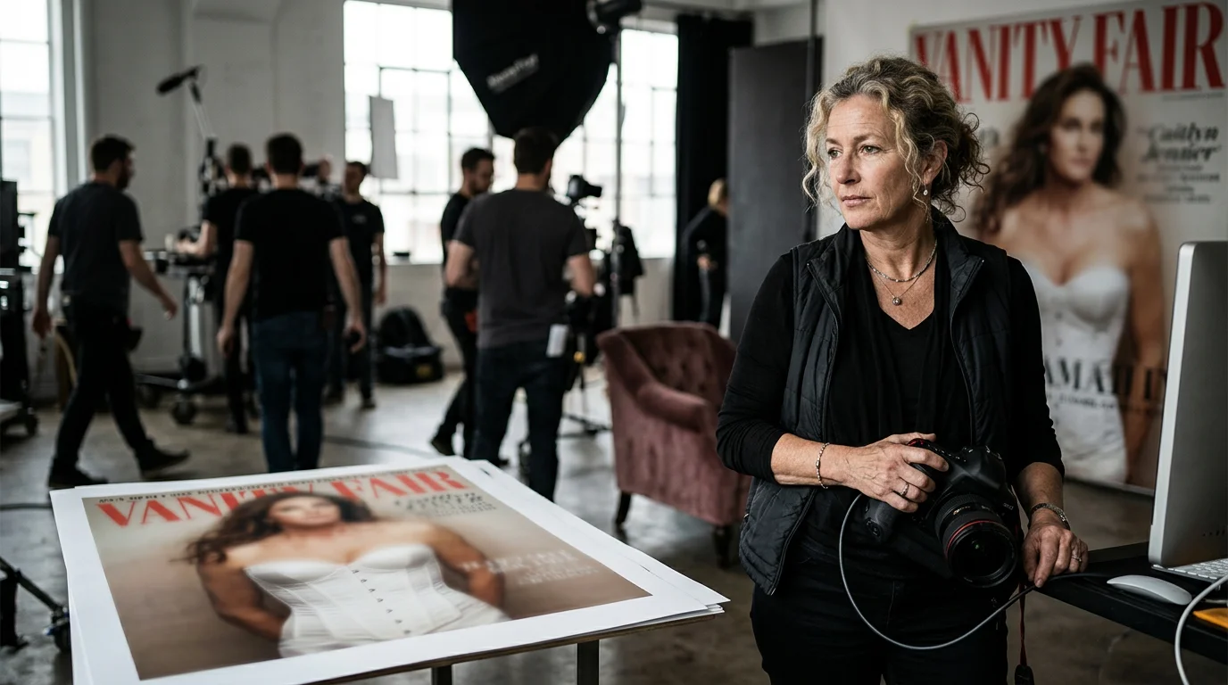 Annie Leibovitz behind a camera, capturing a moment of celebrity for her photography portfolio