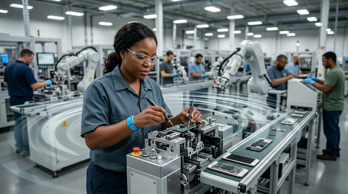 Hand assembling a circuit board, symbolizing Apple's commitment to creating manufacturing jobs