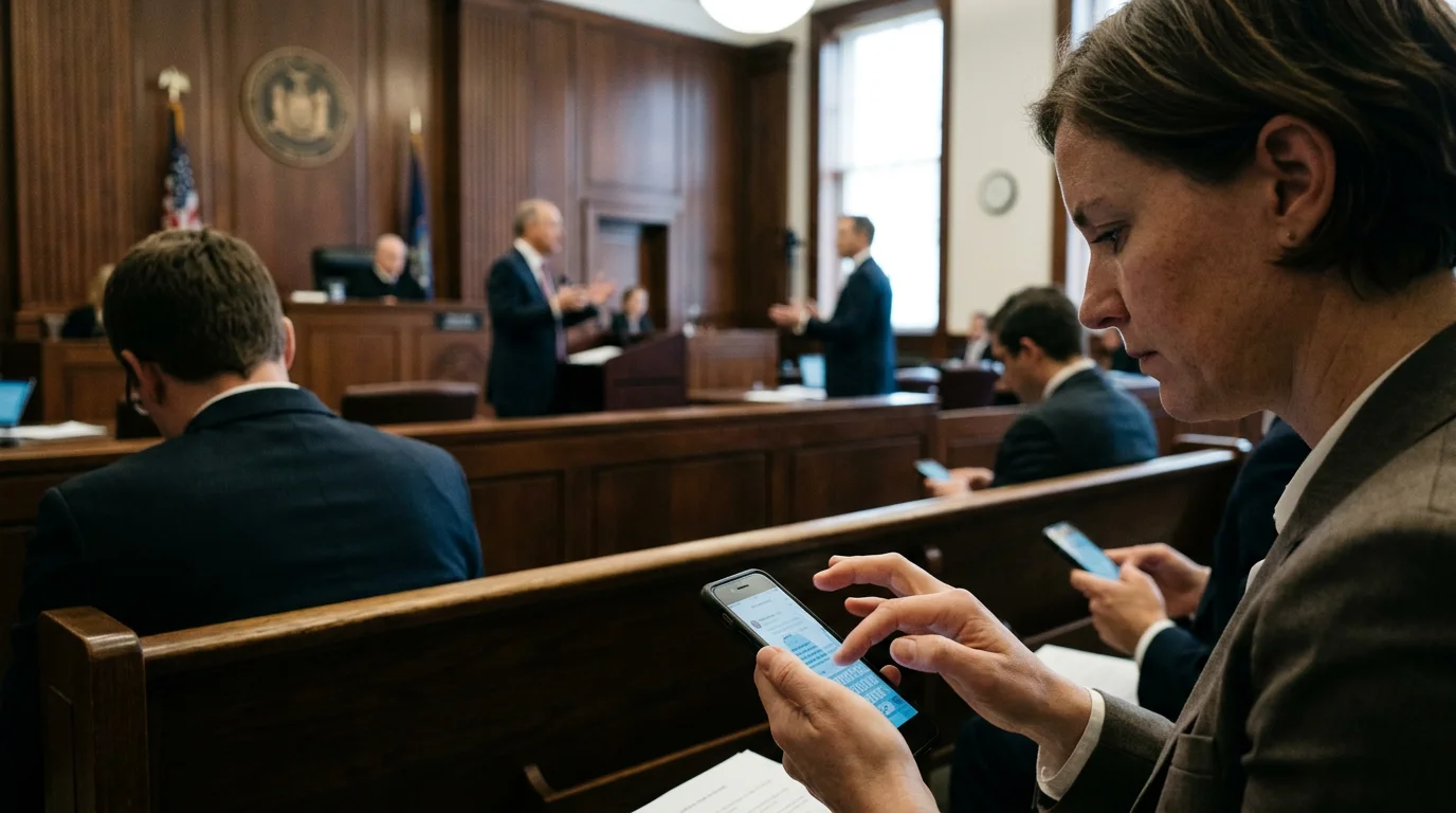Lawyers debate over Apple and Qualcomm logos, representing their legal battle