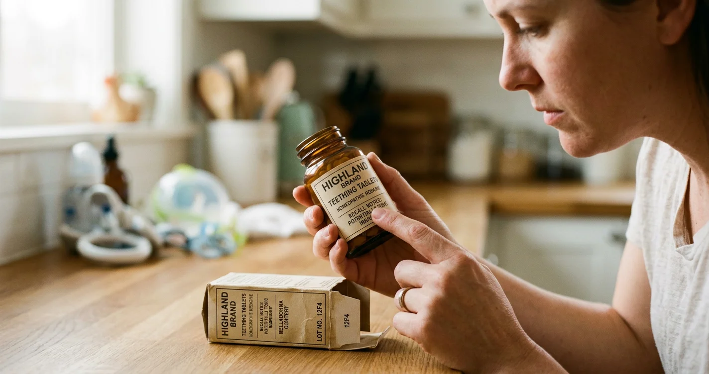 Crumpled boxes of Highland Homeopathic Teething Tablets illustrate a product recall