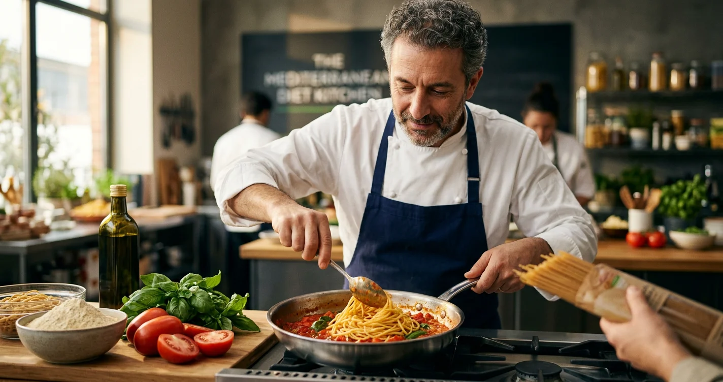 Barilla pasta dishes being served, emphasizing pasta as a healthy Mediterranean diet option