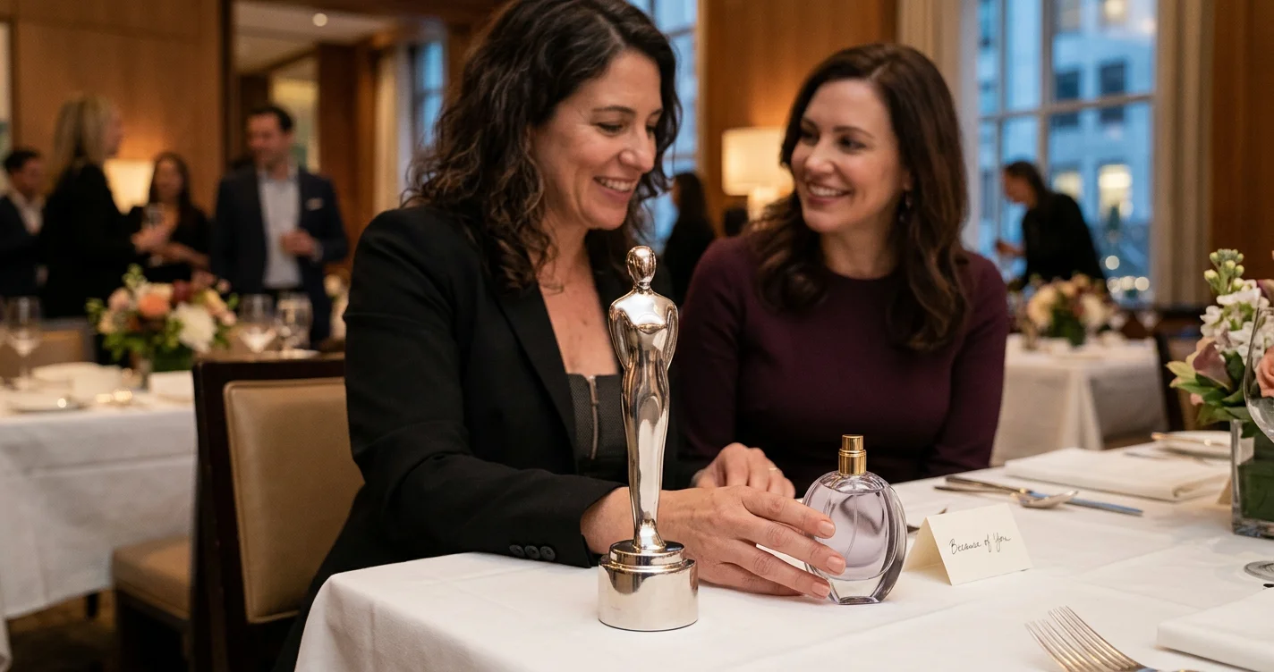 Award ceremony showing a woman accepting an award for a fragrance launch