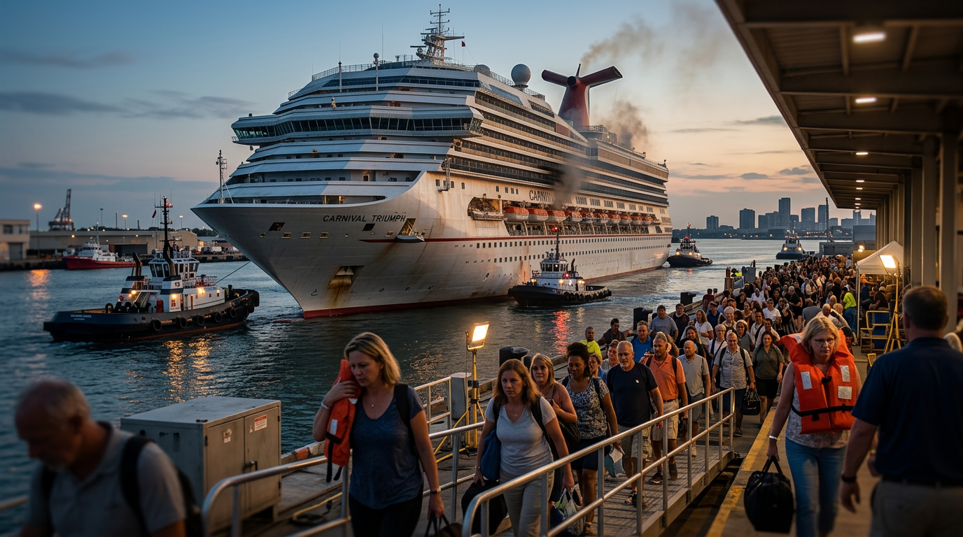 A ship with the Carnival logo and several people onboard, reflecting on cruise line issues