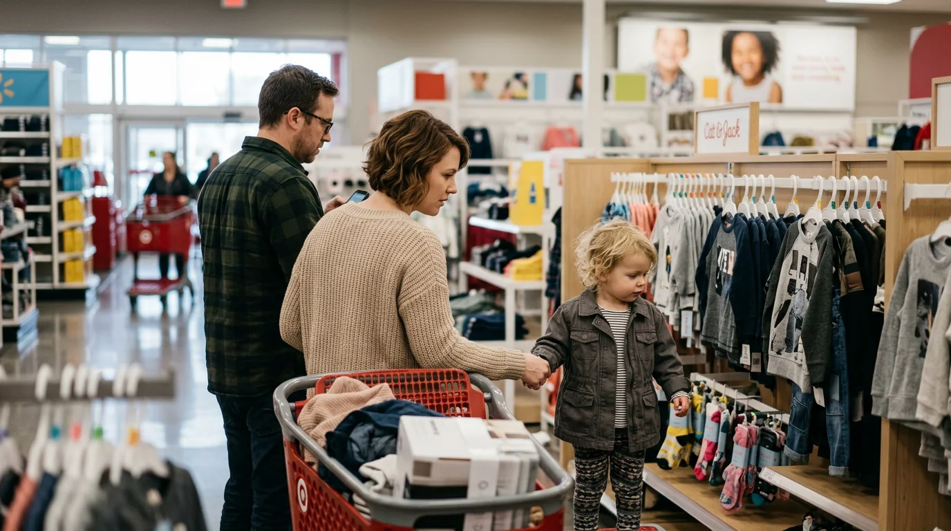 Target-branded kids' clothing in a shopping cart, highlighting strategic marketing to parents