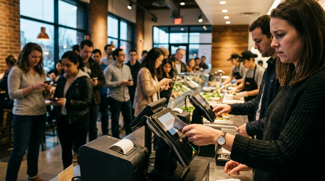 Cybersecurity concept with a Chipotle restaurant facade, highlighting the data breach and customer worries