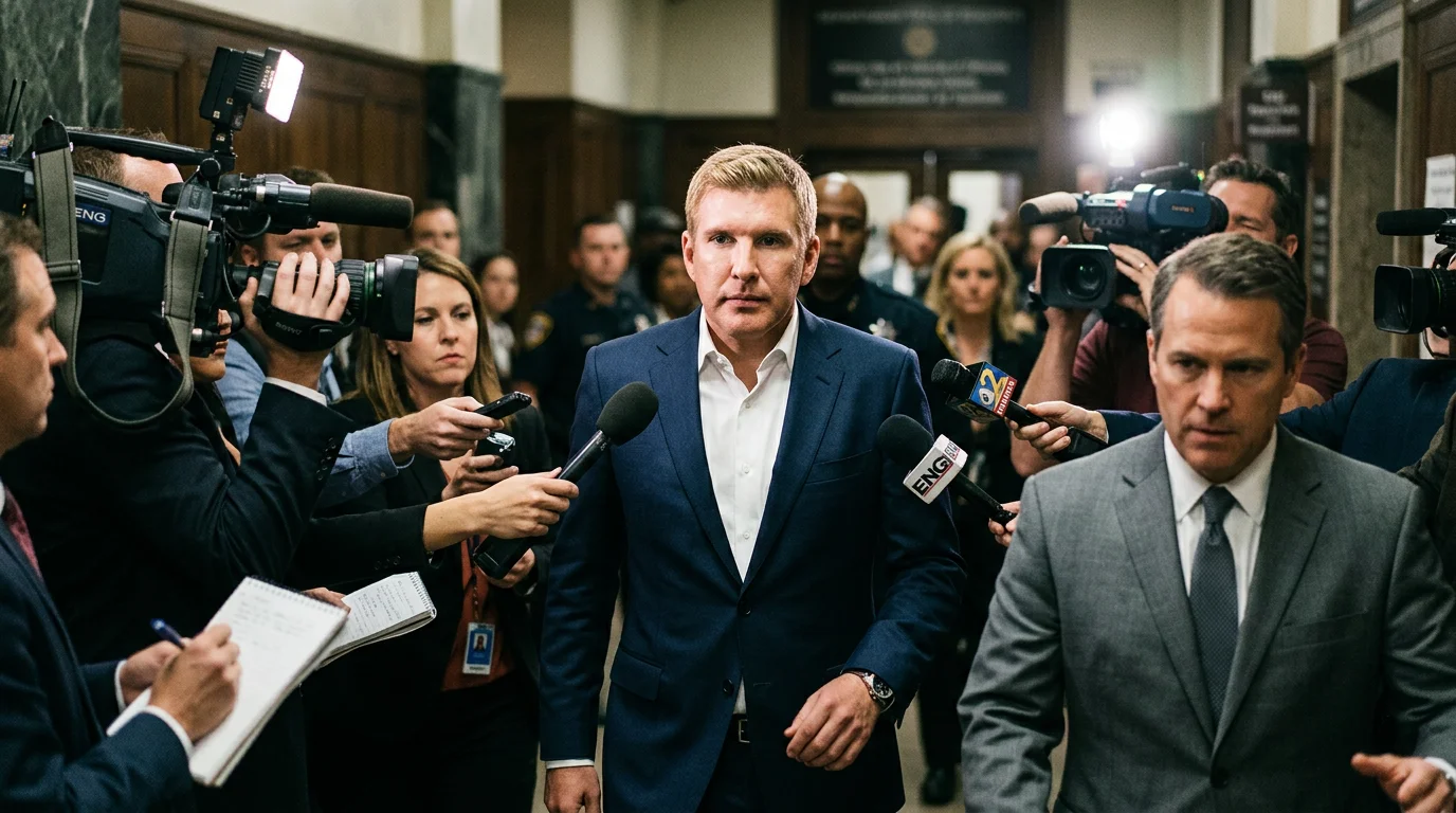 Todd and Julie Chrisley, serious, in the spotlight, facing tax evasion charges