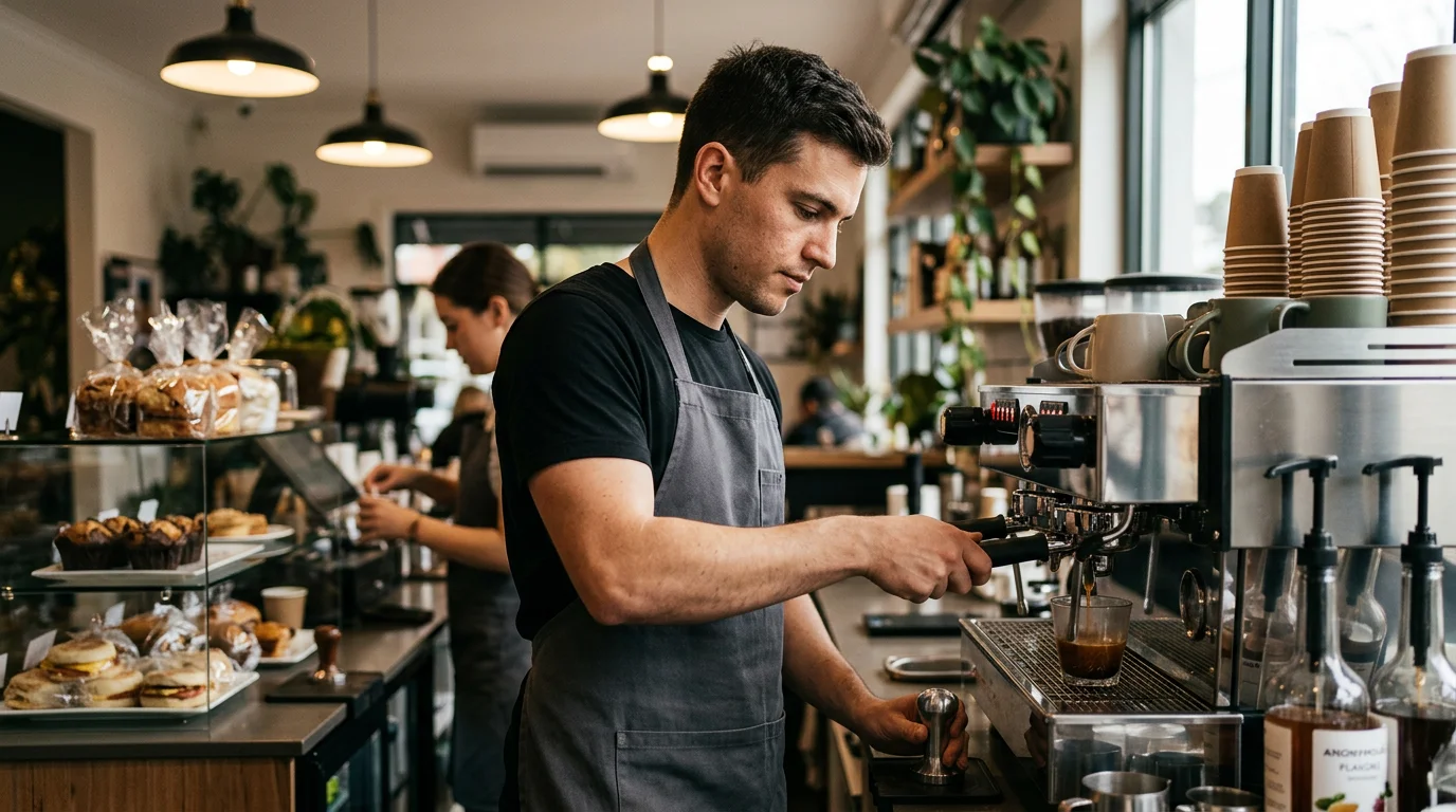 A barista brews coffee in a bustling cafe, highlighting the intensifying coffee competition