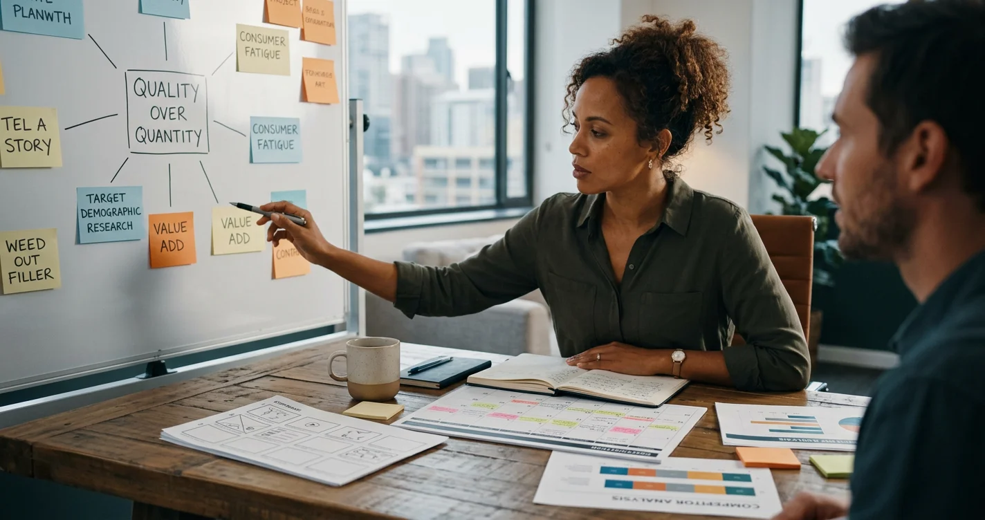 A person creating a content strategy flow chart, illustrating effective marketing development