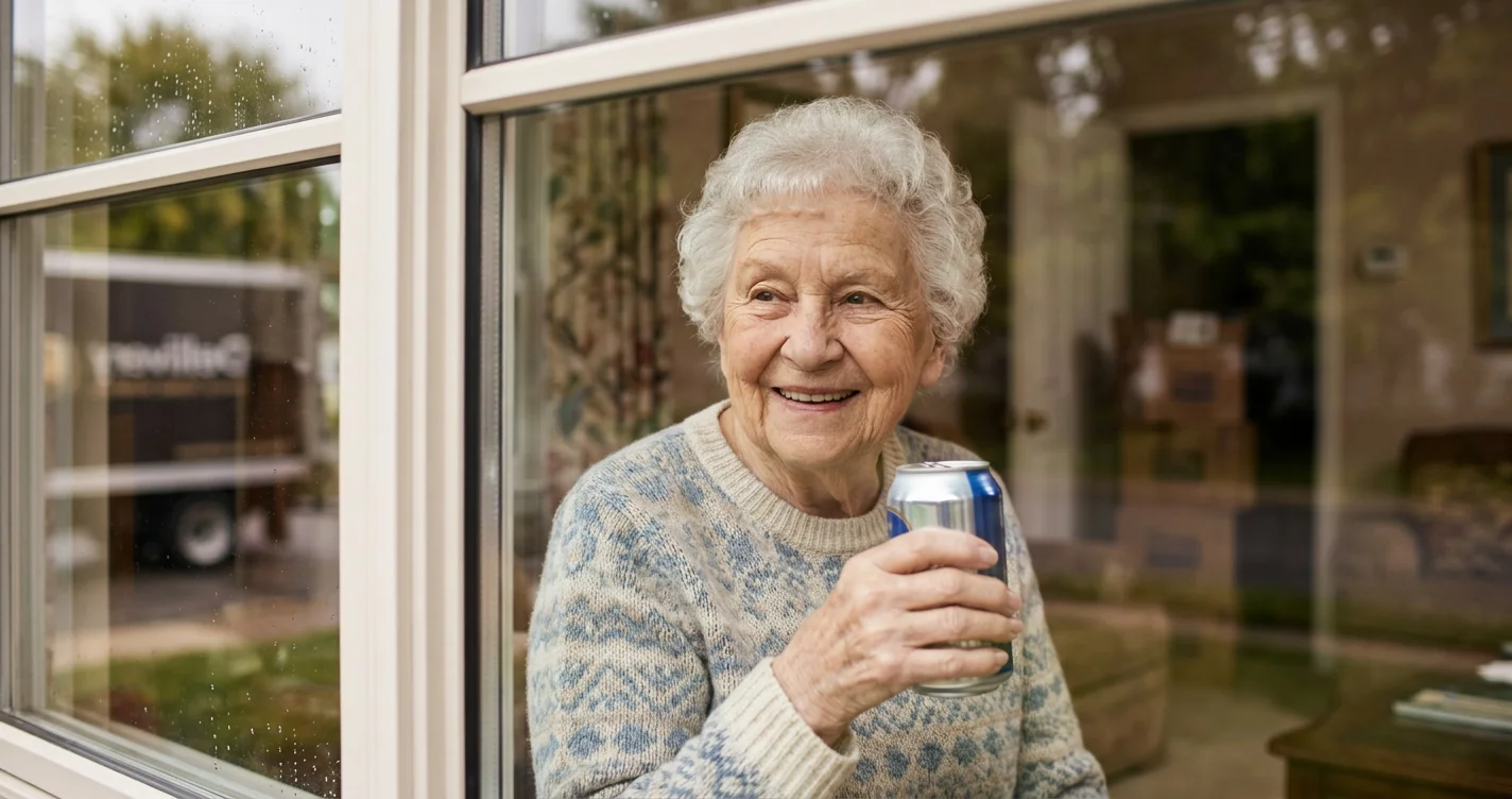 Olive Veronesi, 93, holding a Coors Light sign, asking for more beer during COVID-19