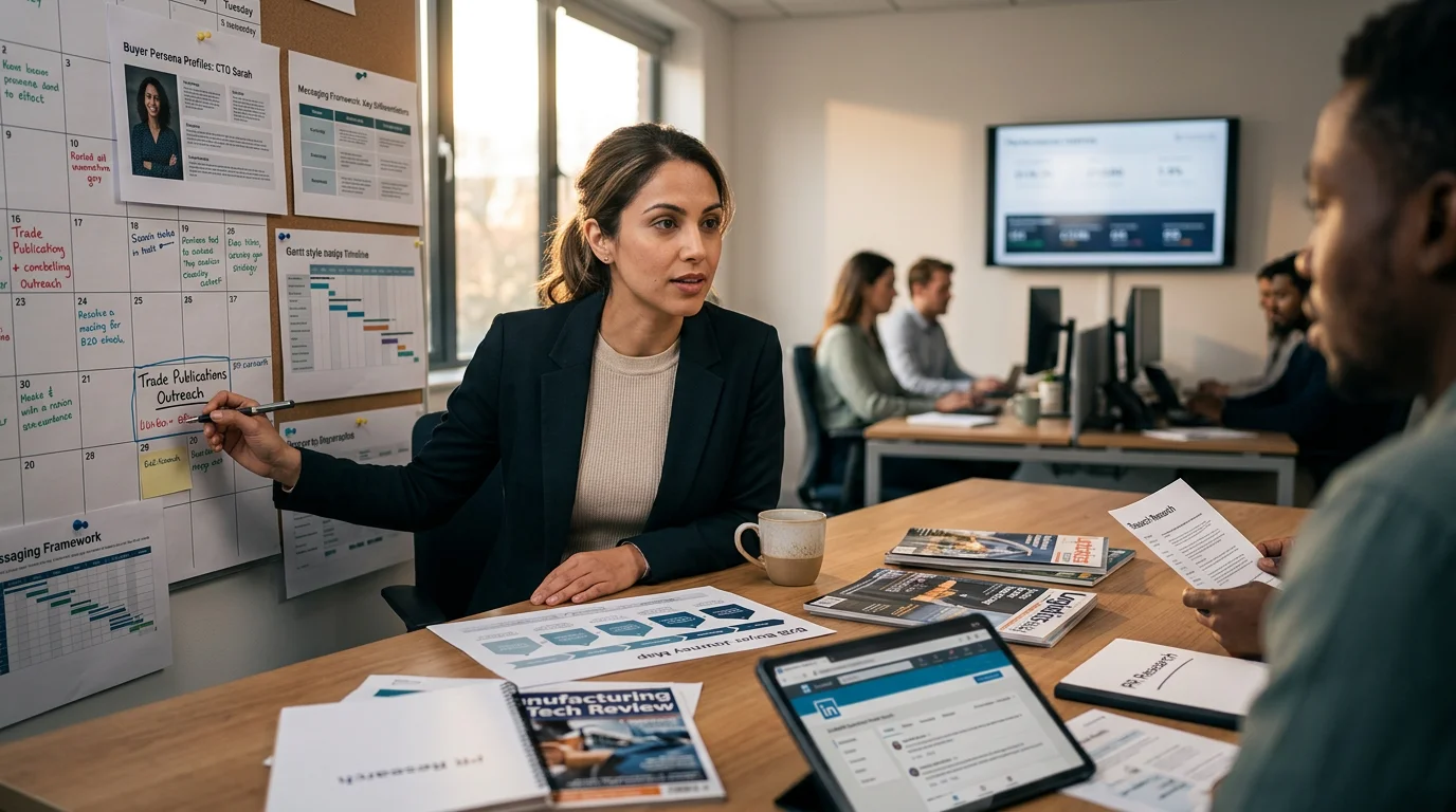 A business team collaborates on a B2B PR strategy, planning growth and lead generation