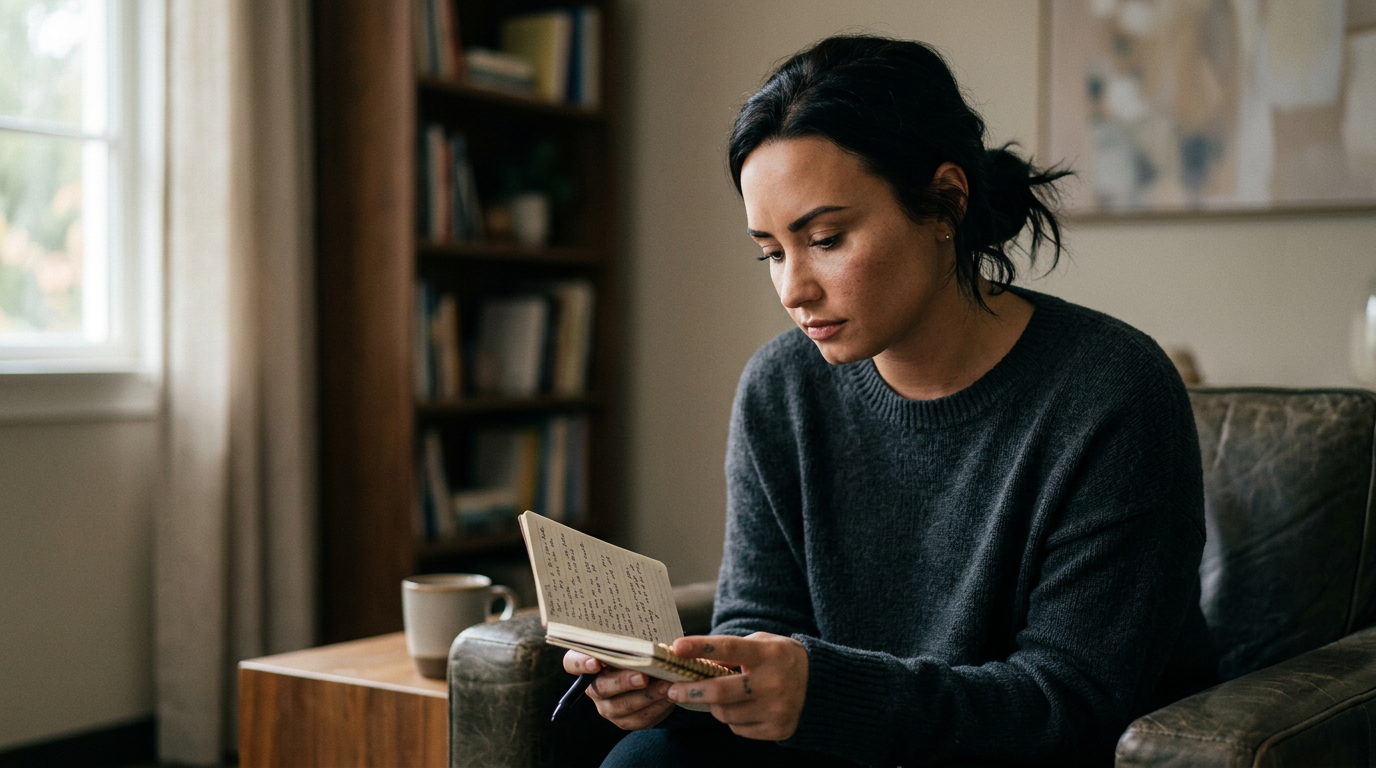 Demi Lovato in a thoughtful moment, inspiring fans through her personal struggles