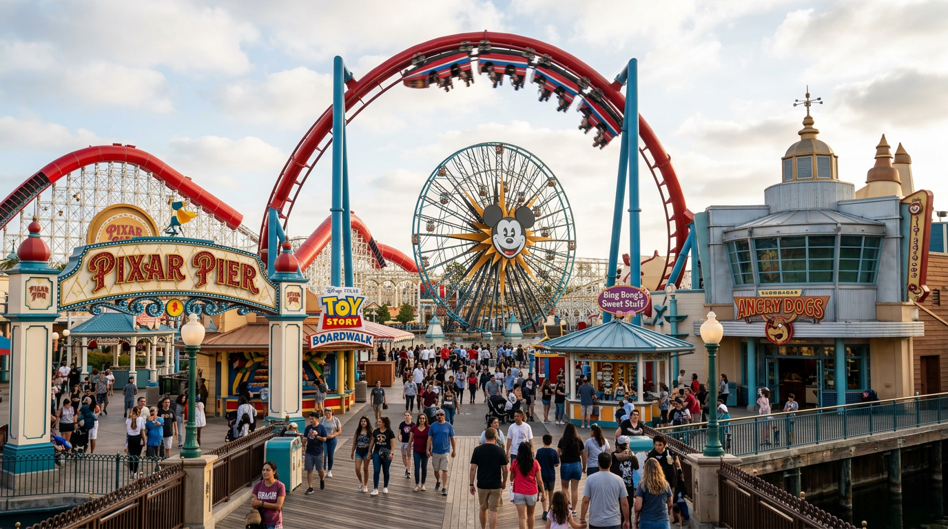 A vibrant Pixar Pier sign at dusk, reflecting if the new attractions impress