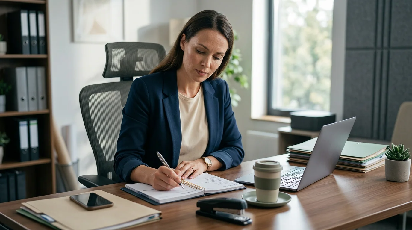 A brightly lit desk with a laptop, highlighting tips for effective work habits