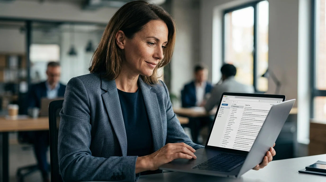 A person reading an impactful email on their laptop, demonstrating effective PR email strategies