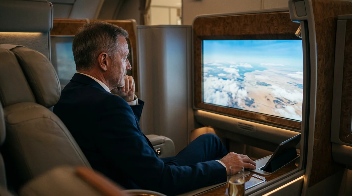 A luxury airline cabin with virtual windows displaying the sky, hinting at future innovative travel