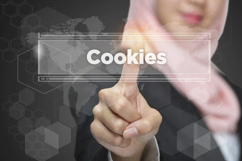 A woman strategically places digital cookie icons onto a world map business graph