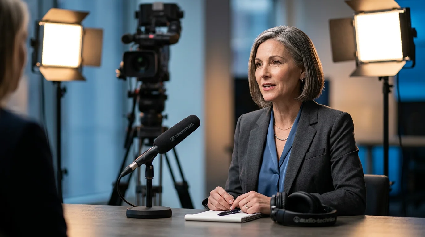 A CEO speaks into microphones, emphasizing the importance of media preparedness for executives