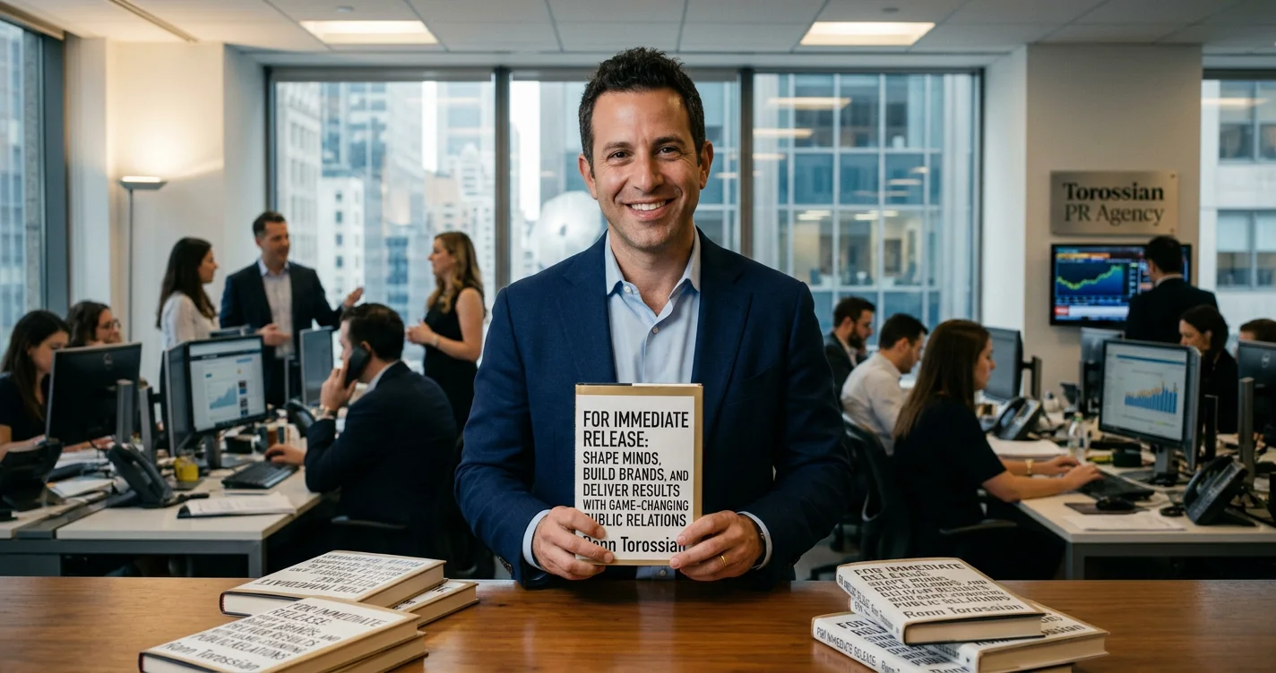 Author Ronn Torossian proudly holds his new public relations book for pre-order