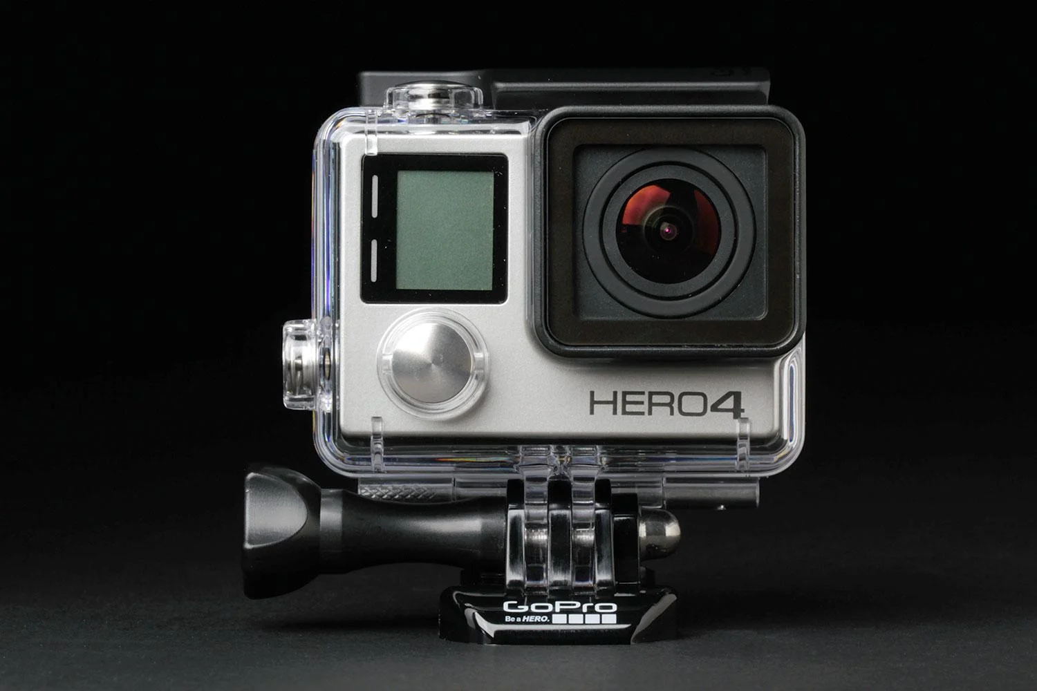 Close-up of a GoPro camera attached to a helmet, showing adventurous POV recording