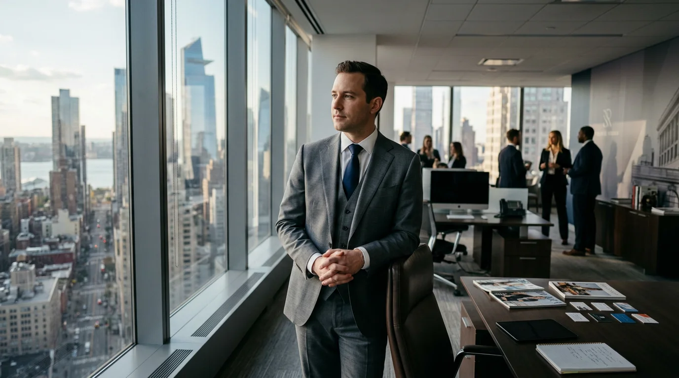 A woman gazes confidently from a skyscraper window, reflecting on business growth and entrepreneurial fear