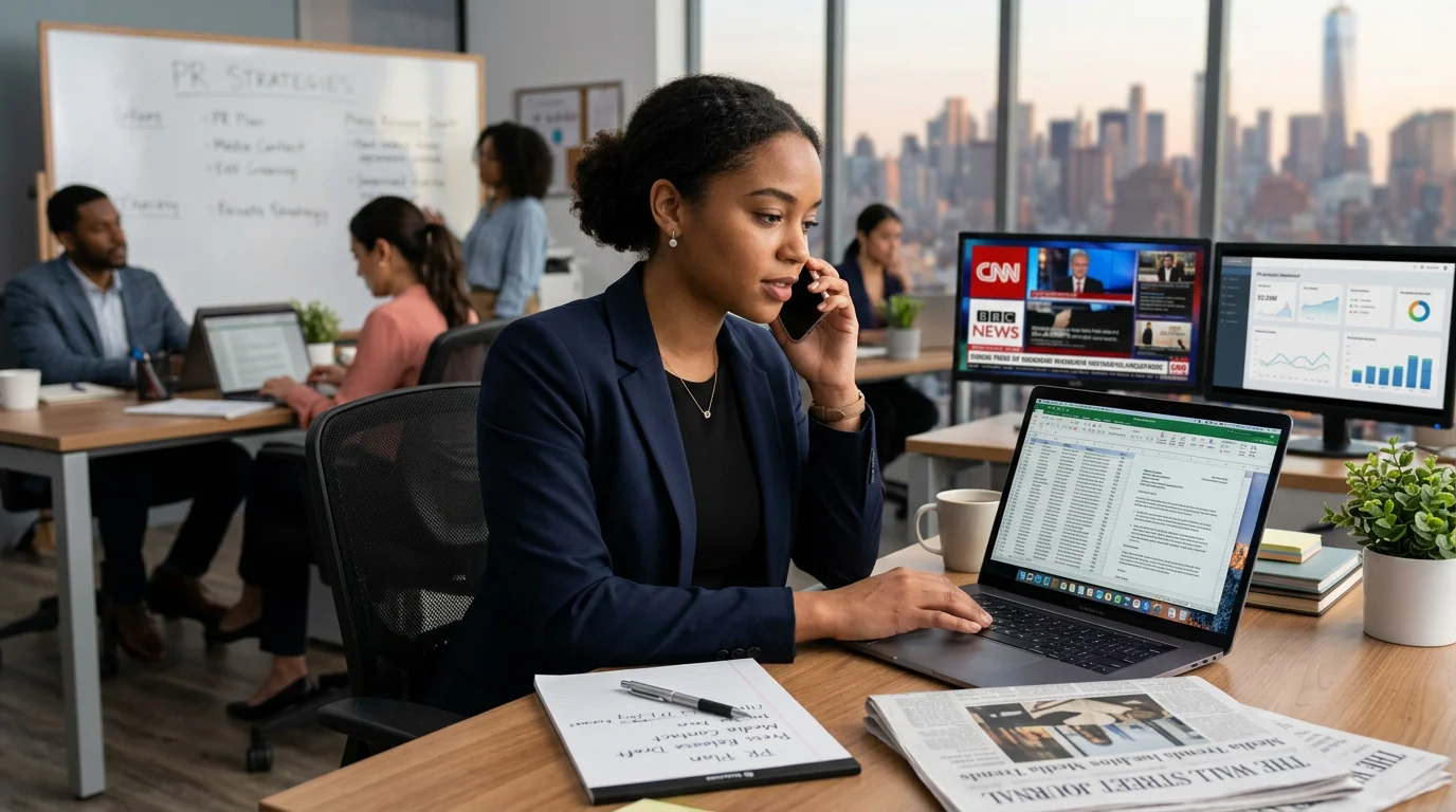A professional woman in a suit, symbolizing growth in a public relations career