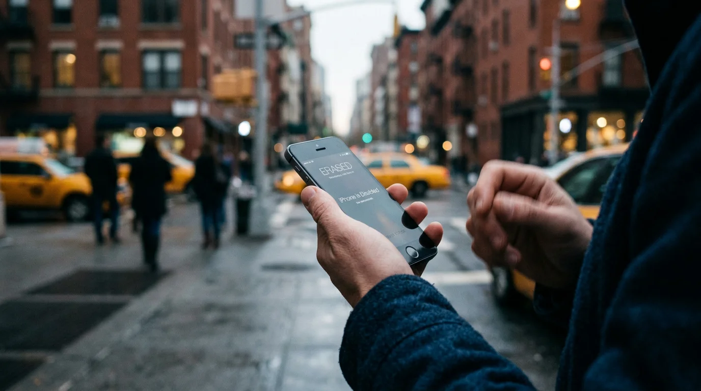 A detective holds an iPhone and notepad, investigating if smartphone tech lowers crime