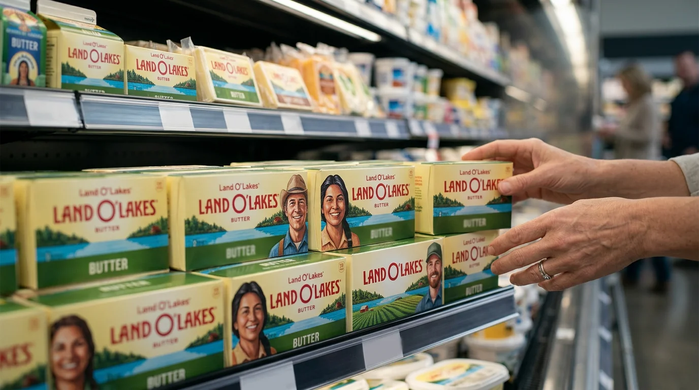 A Land O'Lakes butter package shows the slight rebranding of a popular food product