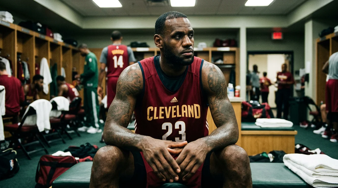 LeBron James in a Cavaliers jersey, dribbling on the court, considering his GOAT status