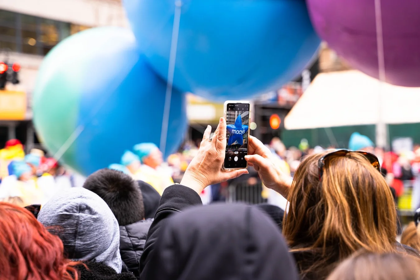 Thanksgiving Day parade in New York City with floats and large balloons
