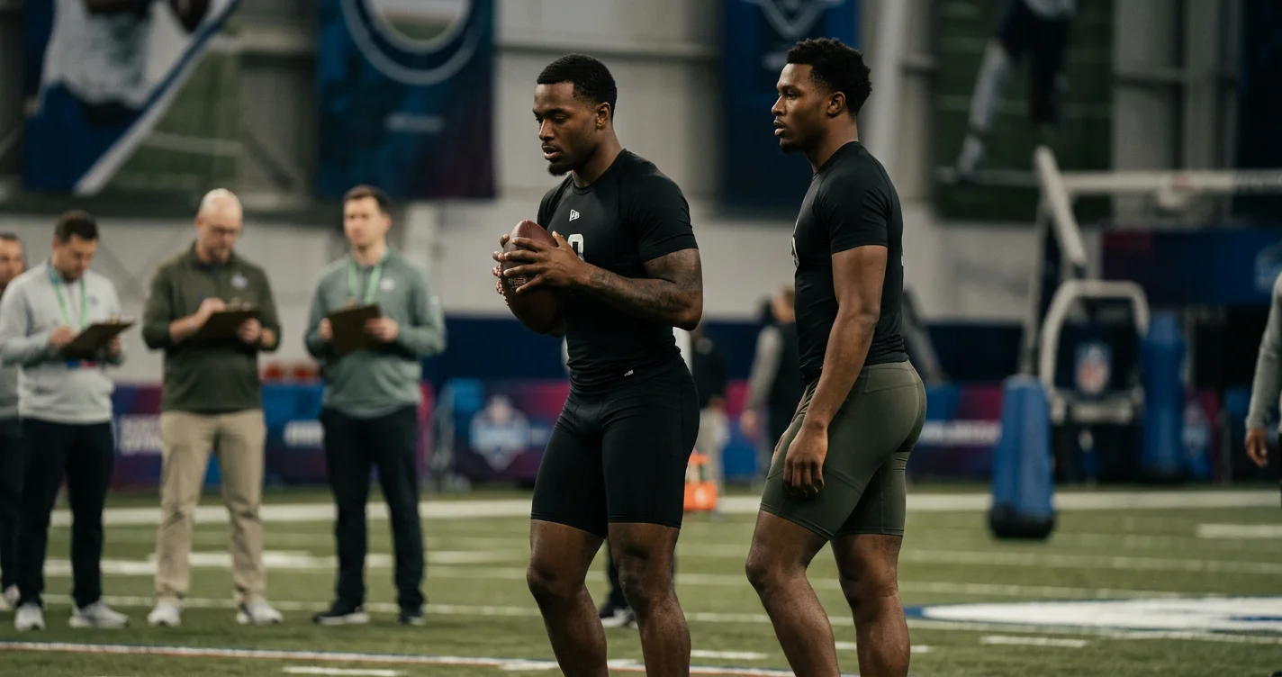 Two football players in uniforms compete, hinting at the NFL Scouting Combine rivalries