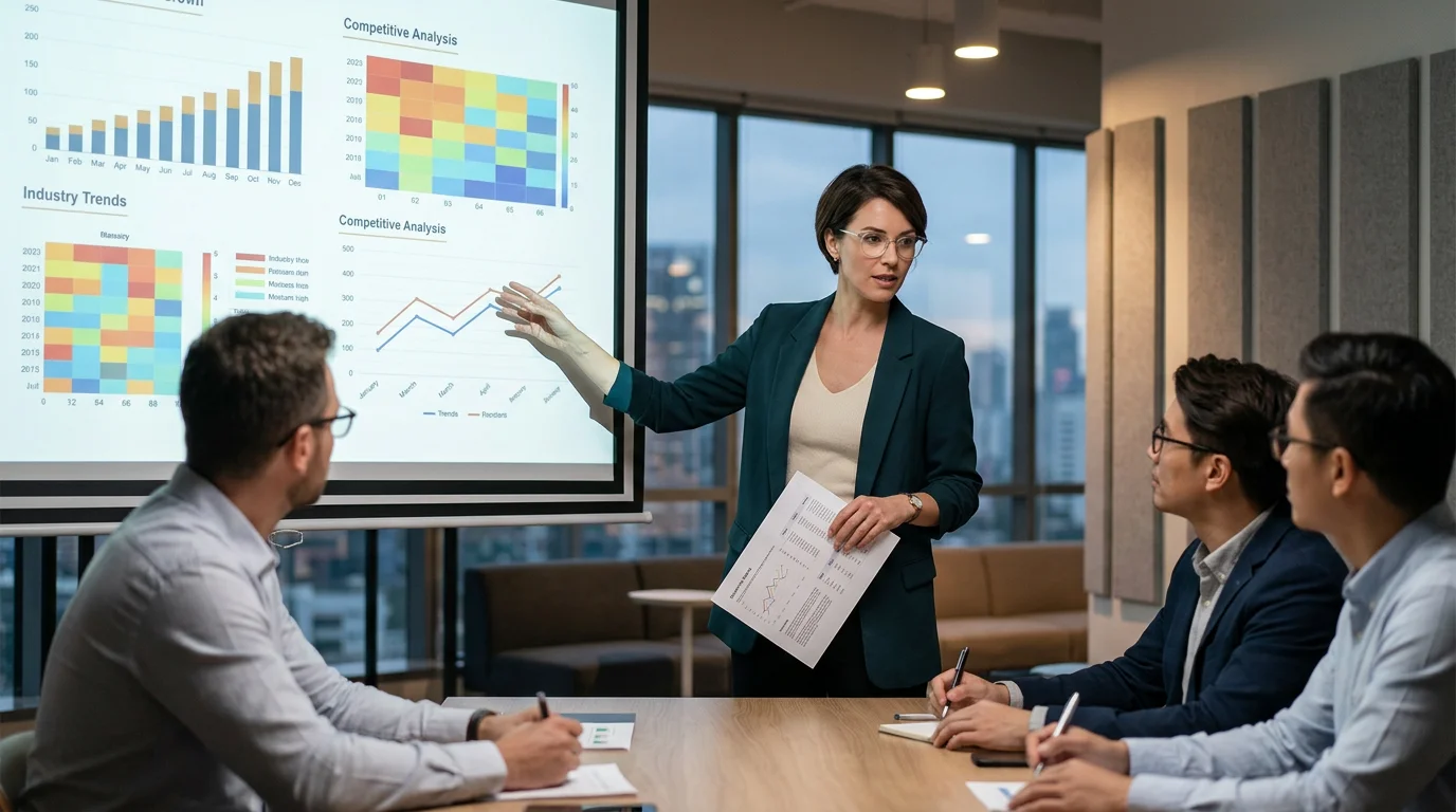 Market research documents, graphs, and a magnifying glass, signifying data-driven authority
