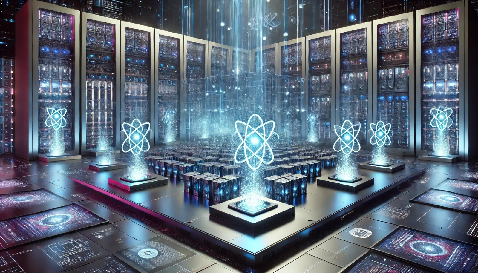 Infographic with quantum computing concepts, marketing graphs, and a futuristic cityscape