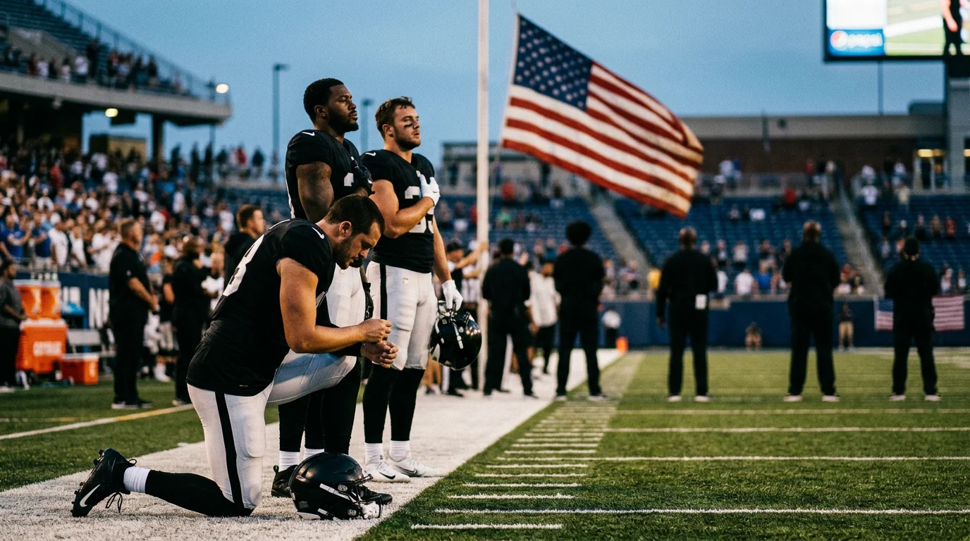 A football player kneels on the field during the national anthem with his teammates standing