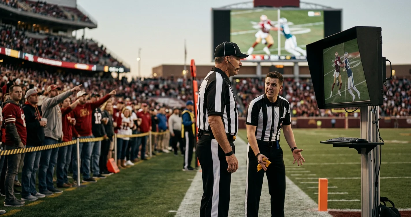 A referee holding a penalty flag, highlighting the controversy of NFL officiating decisions