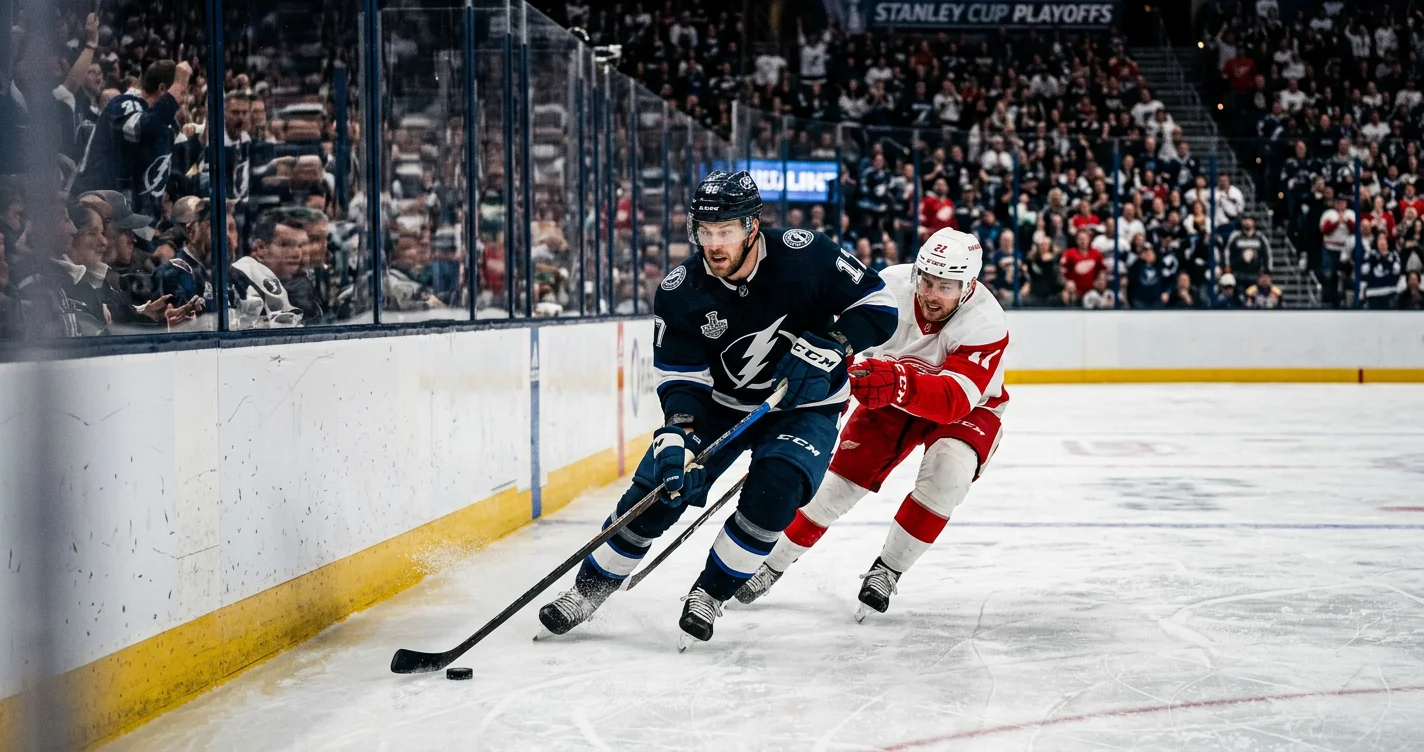 A hockey player takes a powerful shot on goal during the NHL playoffs
