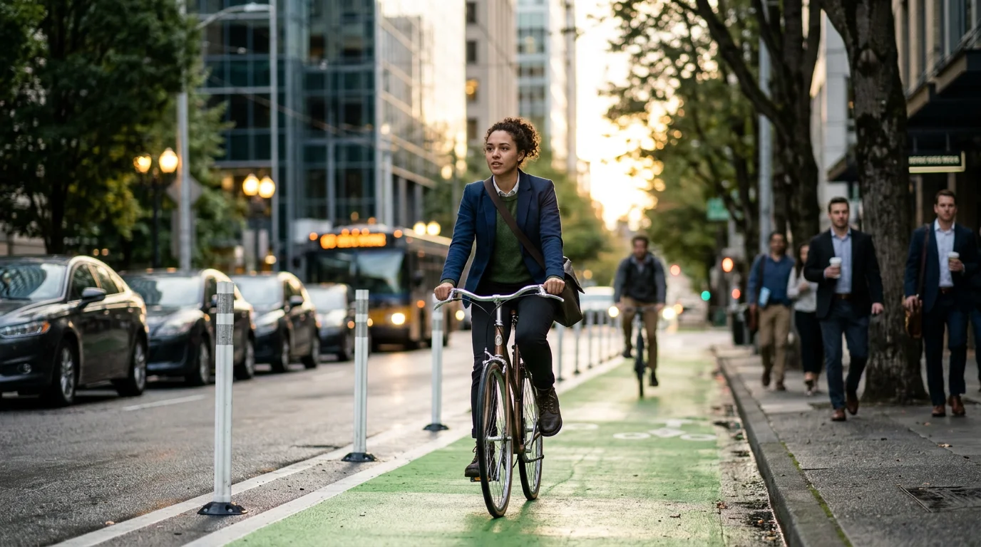 A man in a suit rides a bicycle, showing the growing trend of bike commuting