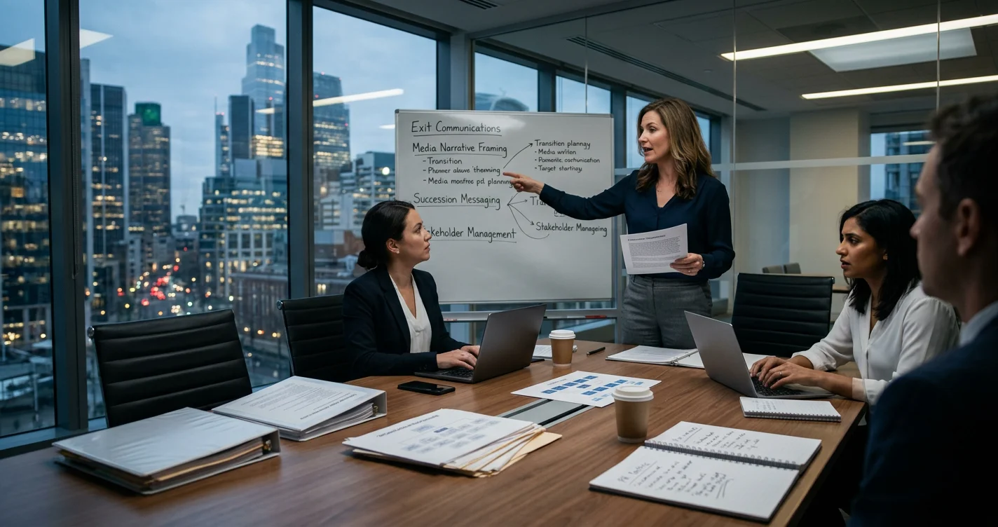 A person using a laptop with graphs, planning smooth public relations for executive departures